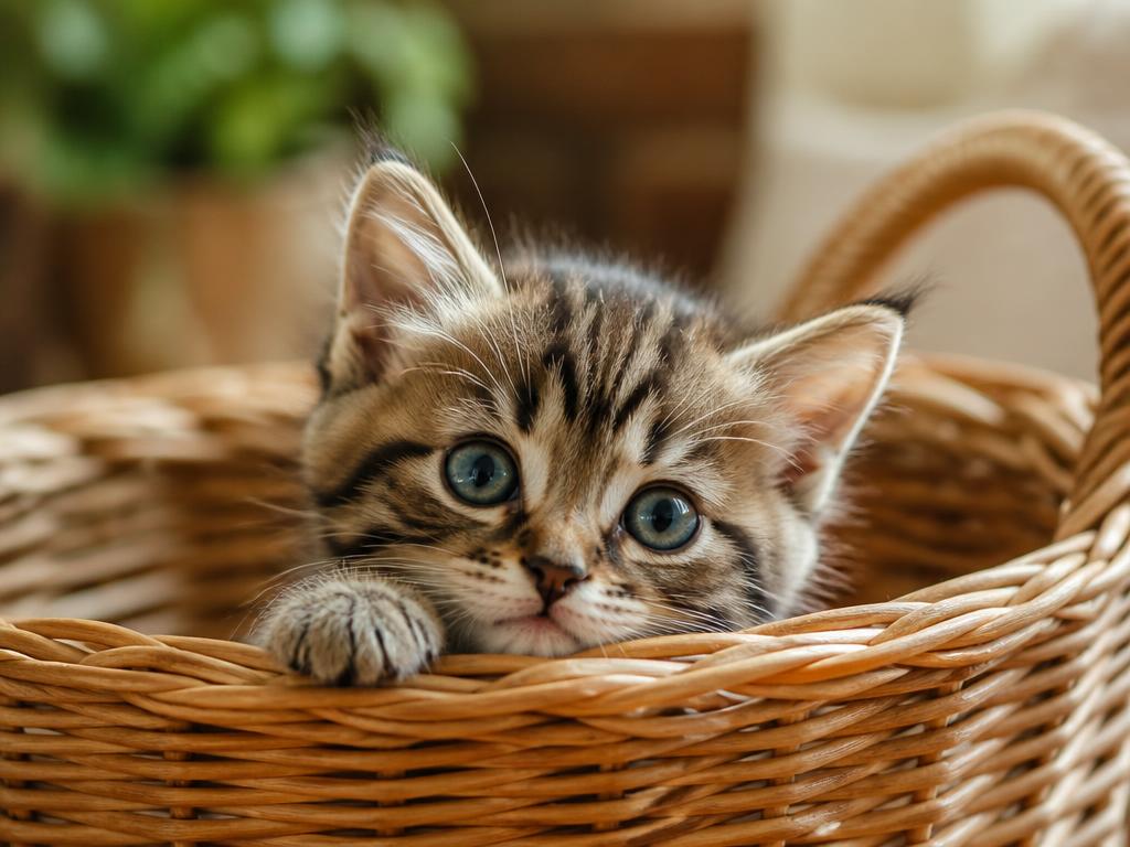 Cute kitten peeking out of a basket